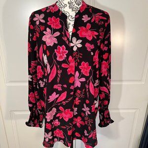 Lord & Taylor Black Pink Red Floral Blouse, Longer Length, Women's size large